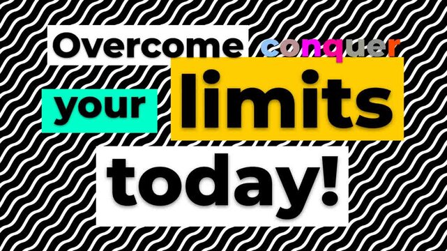 Animated gym motivation quote OVERCOME your limits today appearing over a wavy black and white patterned background
