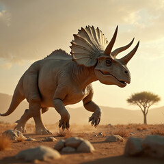 Fototapeta premium Triceratops dinosaur walks in desert savanna at sunset. Large prehistoric reptile with horns, frill moves across sandy ground with sparse dry grass, distant acacia tree. Ancient creature, Cretaceous