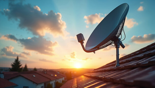 Satellite dish sits on house roof at sunset. Evening sky with clouds, sunbeams shine over suburban neighborhood. Communication receiver for tv.
