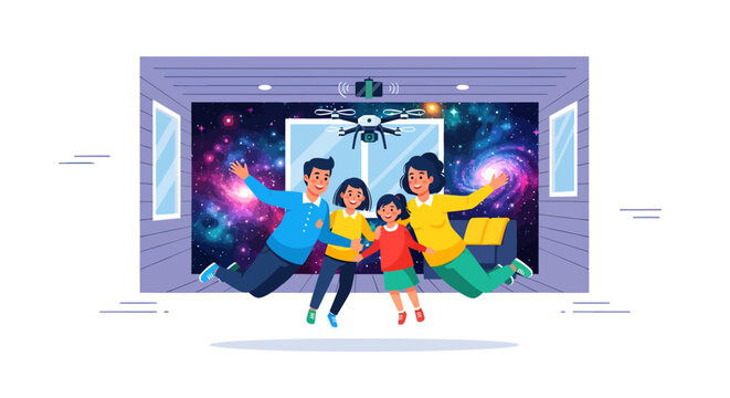 Happy family enjoying virtual reality experience together at home