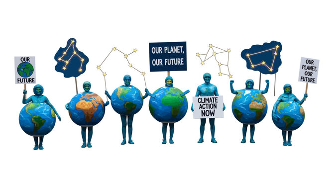 People holding signs and globes for environmental awareness and conservation