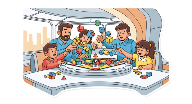 family playing with colorful blocks on a table together