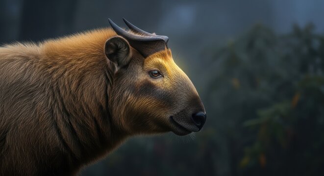 Majestic Golden Takin Portrait with Rembrandt Lighting in Forest