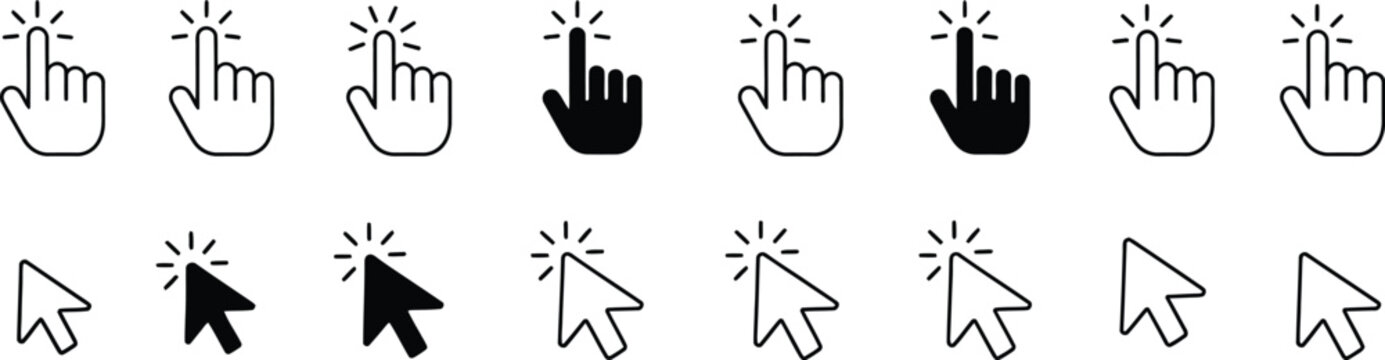 Arrow and Hand Pointer Cursor Icon Set Featuring Mouse Click Symbols, Digital Interface Navigation Elements, UI UX Design Collection, Editable Vector Illustration Isolated on Transparent Background