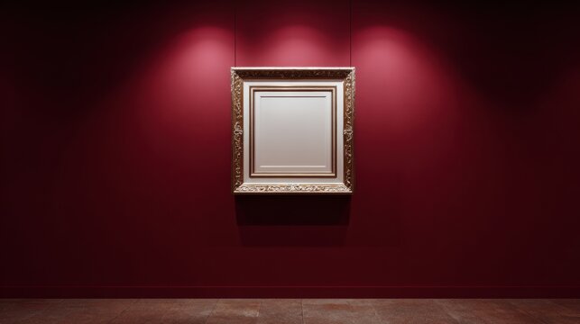 Empty picture frame on red gallery wall under spotlight classic art exhibition interior museum background vintage decoration minimal design mockup space luxury concept