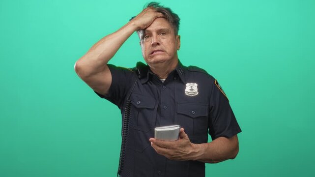 Man police officer holding notepad with hand on forehead, badge visible in studio; frustration doubt.
