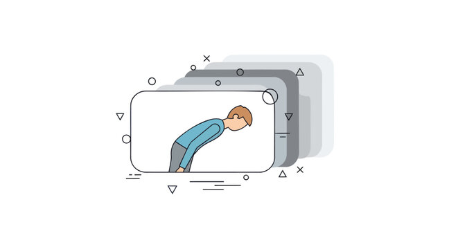 Man bending over on smartphone screen with design elements and shapes floating around