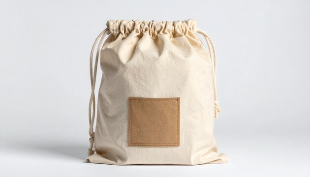 Beige Fabric Drawstring Bag with Blank Label on Dark Table