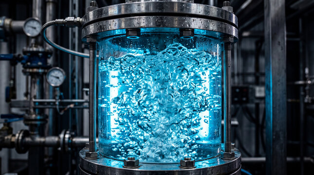 glowing blue bubbling liquid inside transparent cylindrical reactor at industrial filtration facility, pressure gauges, metal pipes, valves, aeration, water purification, chemical engineering