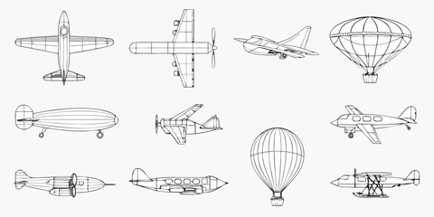 Variety of vintage airships and airplanes illustrated in black and white © Roni
