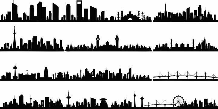 Silhouetted skylines of major international cities stacked vertically