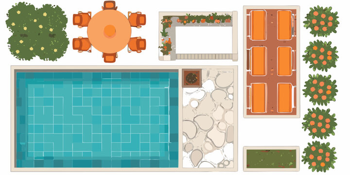 Aerial view of a backyard with a pool patio and garden