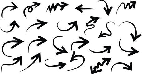 Fototapeta premium Collection of hand-drawn black ink arrows with rough brush strokes on white background