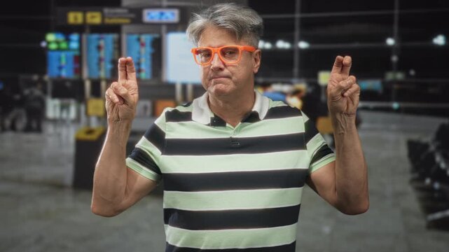 Man with orange glasses holding fingers crossed in airport terminal, striped polo visible, neutral expression; hopeful.