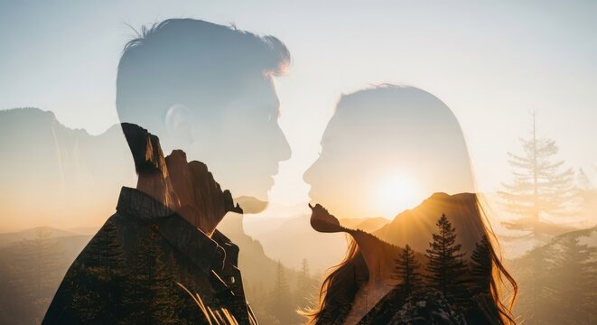 silhouette of romantic couple facing each other at sunset
