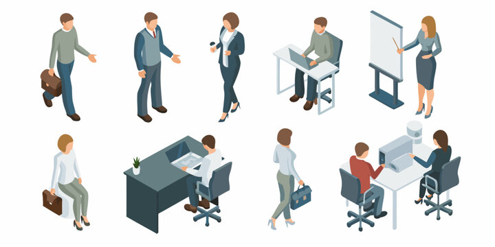 Isometric illustration depicting diverse professionals collaborating in modern office settings