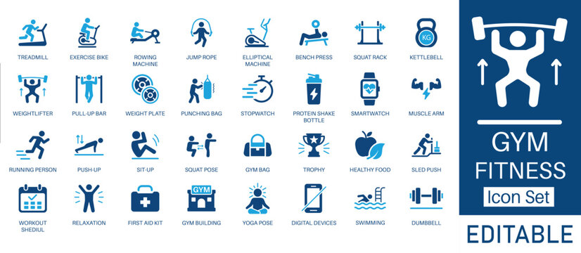 Gym, Fitness, and Workout solid icon set. Contains symbols for Treadmill, Dumbbell, Smartwatch, and Yoga Pose. Flat vector design for exercise plans and healthy lifestyle apps.