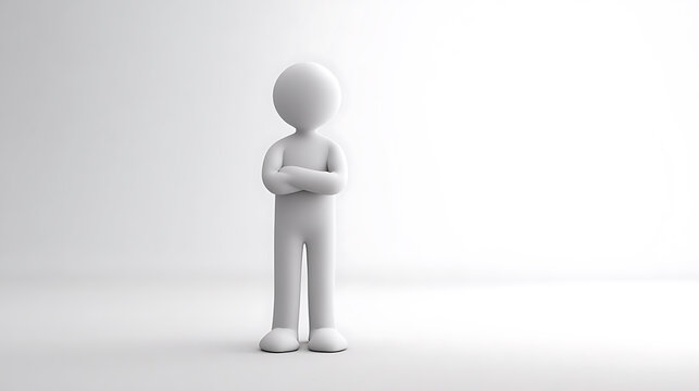 Minimalist white 3D rendered character stand with arms cross posture on a clean background, thoughtful, neutral, modern, simple, graphic element