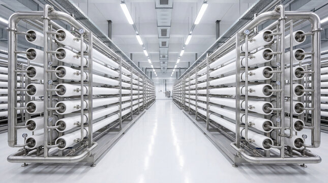 Rows of high-capacity white reverse osmosis membrane housings on stainless steel racks in bright clean commercial water desalination and purification plant with symmetrical corridor view