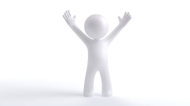 Three-dimensional white character raise arms up, an abstract happy figure on clean background. Stick man concept of success and achievement