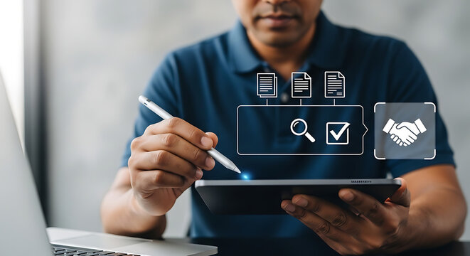 Procurement process management, Digital and paper document approval, contract verification, supplier negotiation, and business purchasing operations using laptop and paper in office environment