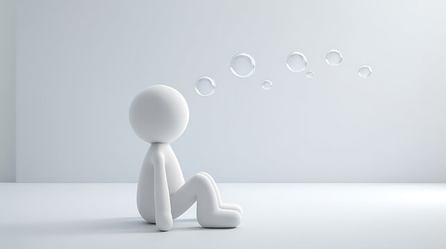 Minimalist white figure sits in a clean, bright room, observing thoughts materialize as transparent bubbles, symbolizing ideas, dreams, or reflection