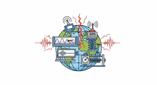 Earth with seismic monitoring equipment and signal waves