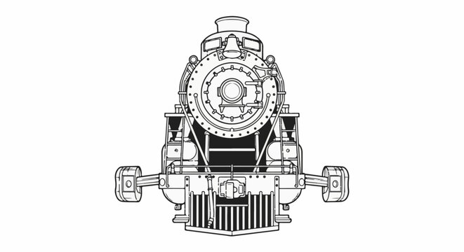 Detailed front view line art drawing of a classic steam locomotive engine
