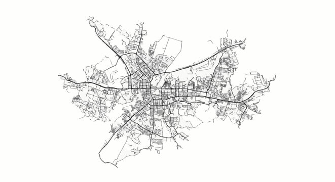 Detailed greyscale map outlines roads, buildings, and urban infrastructure