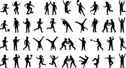Collection of black silhouette illustrations of people engaging in various physical activities and sports © SKY DRIVE