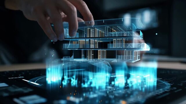 Ultra HD 4K Architect interacting with a holographic 3d model of a modern building on a digital interface, representing smart construction, bim technology, and future urban planning cinematic video