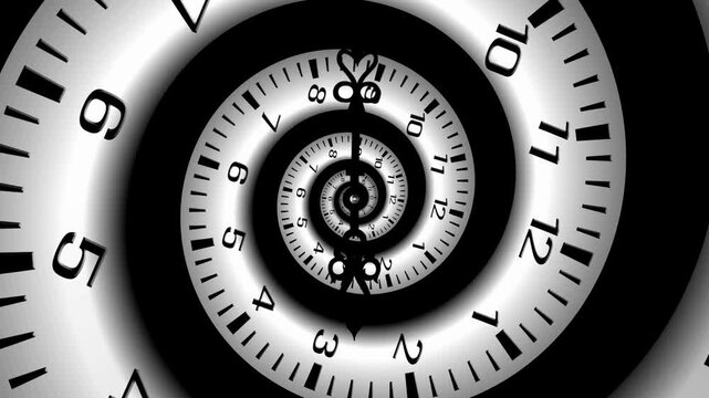 Infinite looping spiral clock face animation rotating for time travel and infinity concept