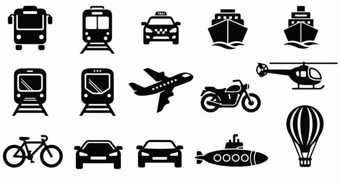 Diverse transport icons bus, trains, taxi, ships, plane, helicopter, motorbike, bike, cars, submarine, balloon