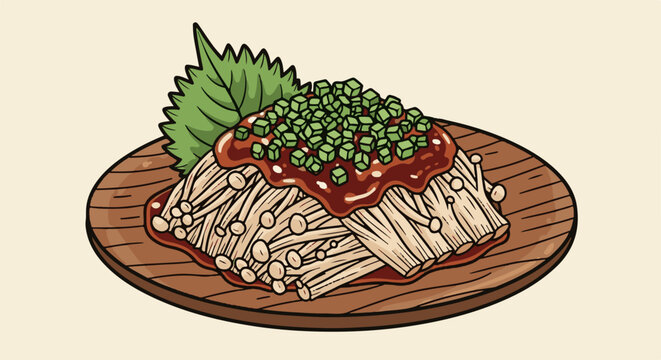 Delicious enoki mushrooms topped with savory sauce and greens on a wooden plate