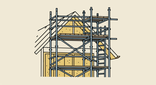 Construction scaffolding surrounds a house under renovation with exposed studs