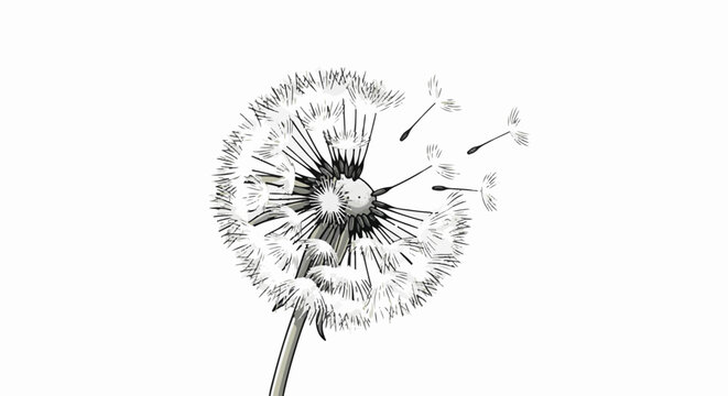 Delicate dandelion seed head with seeds blowing away on a white background
