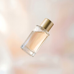 Naklejka premium Minimalist luxury perfume bottle featuring a sleek design with gold accents and warm beige liquid, ideal for beauty branding, cosmetics advertising, and high-end product photography.