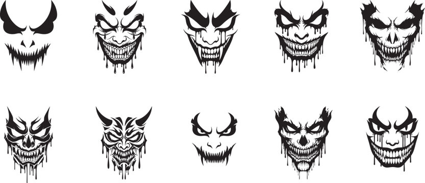 Abstract depiction of a demonic or monstrous face silhouette collection, horror monster stencil design, dripping black shapes vector art. 