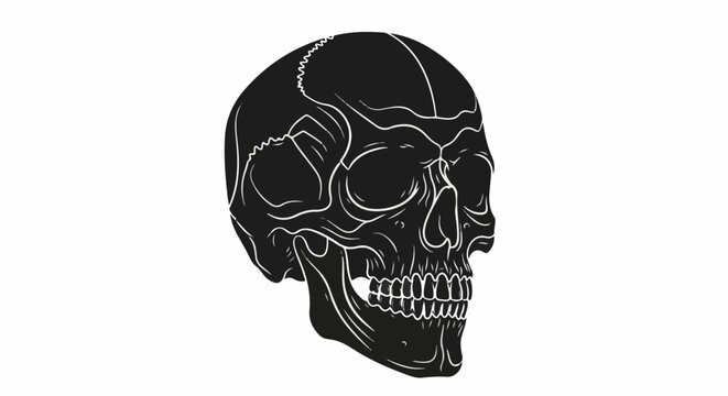 Detailed black and white illustration of a human skull in profile view