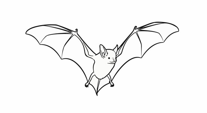Detailed black and white line drawing of a bat in flight, wings spread wide