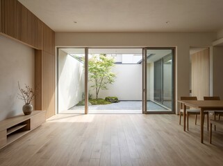Fototapeta premium Interior of a Modern Home with a Minimalist Japanese Garden Courtyard