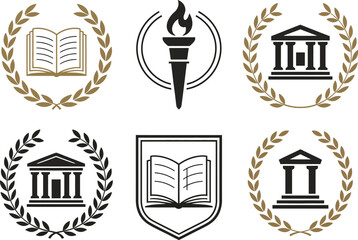 Education and Learning Icon Set Featuring Laurel Wreath Symbols with Torch, Open Book, and University Building Illustrations, Academic Success and Excellence Vector Elements for School and College Des © GIBBI RWW