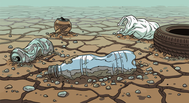 Dry, cracked earth littered with discarded plastic bottle, cans, cloth, and tire