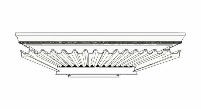 Detailed schematic of a corrugated metal panel ceiling structure