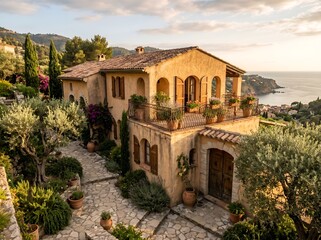 Obraz premium Mediterranean Villa with Terraced Garden and Sea View at Sunset