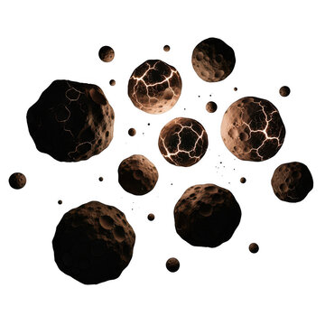 Cluster of rough dark brown asteroid rocks floating in space with varying sizes and textures