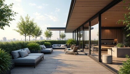 Obraz premium Spacious modern rooftop terrace with glass enclosure and city views. Features comfortable seating areas, rich greenery, and outdoor dining space. Ideal for luxury urban living and relaxation.