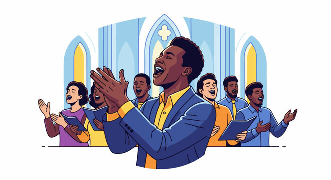 Diverse choir sings with joy inside a church