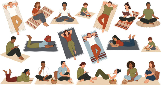 Top view yoga exercise vector set, diverse people stretching on mats, home workout fitness and wellness flat illustration, healthy lifestyle training poses for app UI infographic and poster design