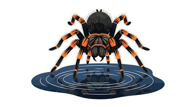 A striking front-facing illustration depicts a black and orange tarantula leaning down to drink from a dark blue water puddle with delicate concentric ripples.